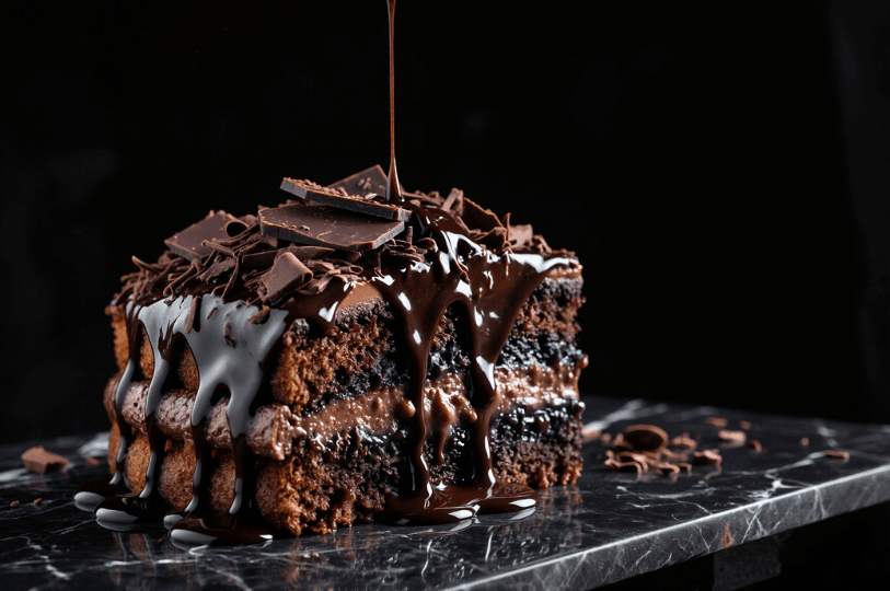 A decadent chocolate version of Tres Leches cake with rich dark sponge layers and chocolate cream filling, being drizzled with glossy chocolate ganache and topped with chocolate shavings. A decadent chocolate version of Tres Leches cake with rich dark sponge layers and chocolate cream filling, being drizzled with glossy chocolate ganache and topped with chocolate shavings.