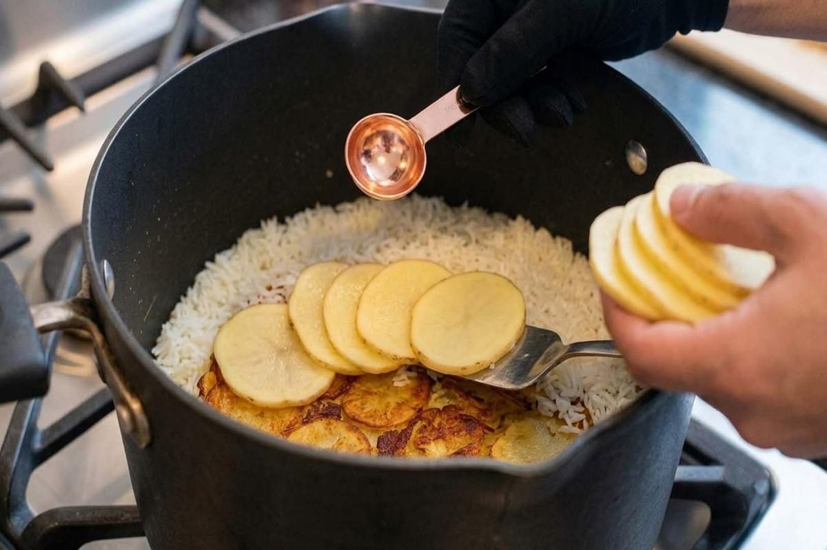 Adding potato slices to rice pot for crispy tahdig Adding potato slices to rice pot for crispy tahdig