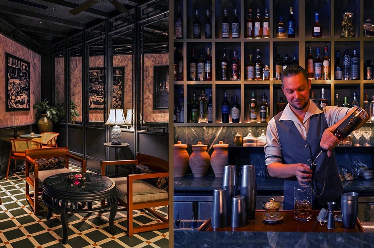 Sophisticated lounge with dark, elegant decor. Left: cozy seating, lamp and art. Right: bartender in vest mixing drink, bottles behind, creating a classy ambiance. Sophisticated lounge with dark, elegant decor. Left: cozy seating, lamp and art. Right: bartender in vest mixing drink, bottles behind, creating a classy ambiance.