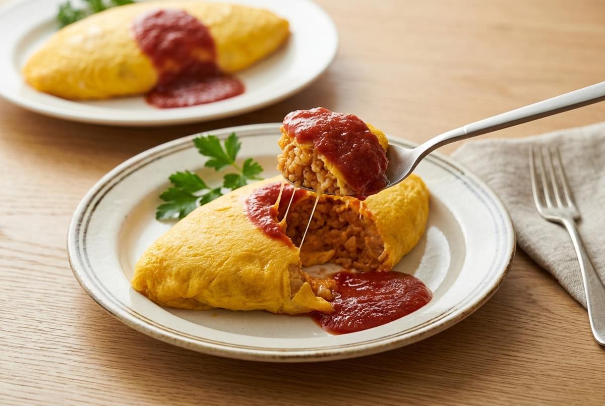 A spoon lifting a portion of tomato sauce-topped omurice showing a melty cheese pull. A spoon lifting a portion of tomato sauce-topped omurice showing a melty cheese pull.