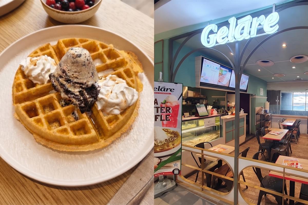 Gelare cafe storefront with a close-up of a waffle topped with ice cream and whipped cream. Gelare cafe storefront with a close-up of a waffle topped with ice cream and whipped cream.