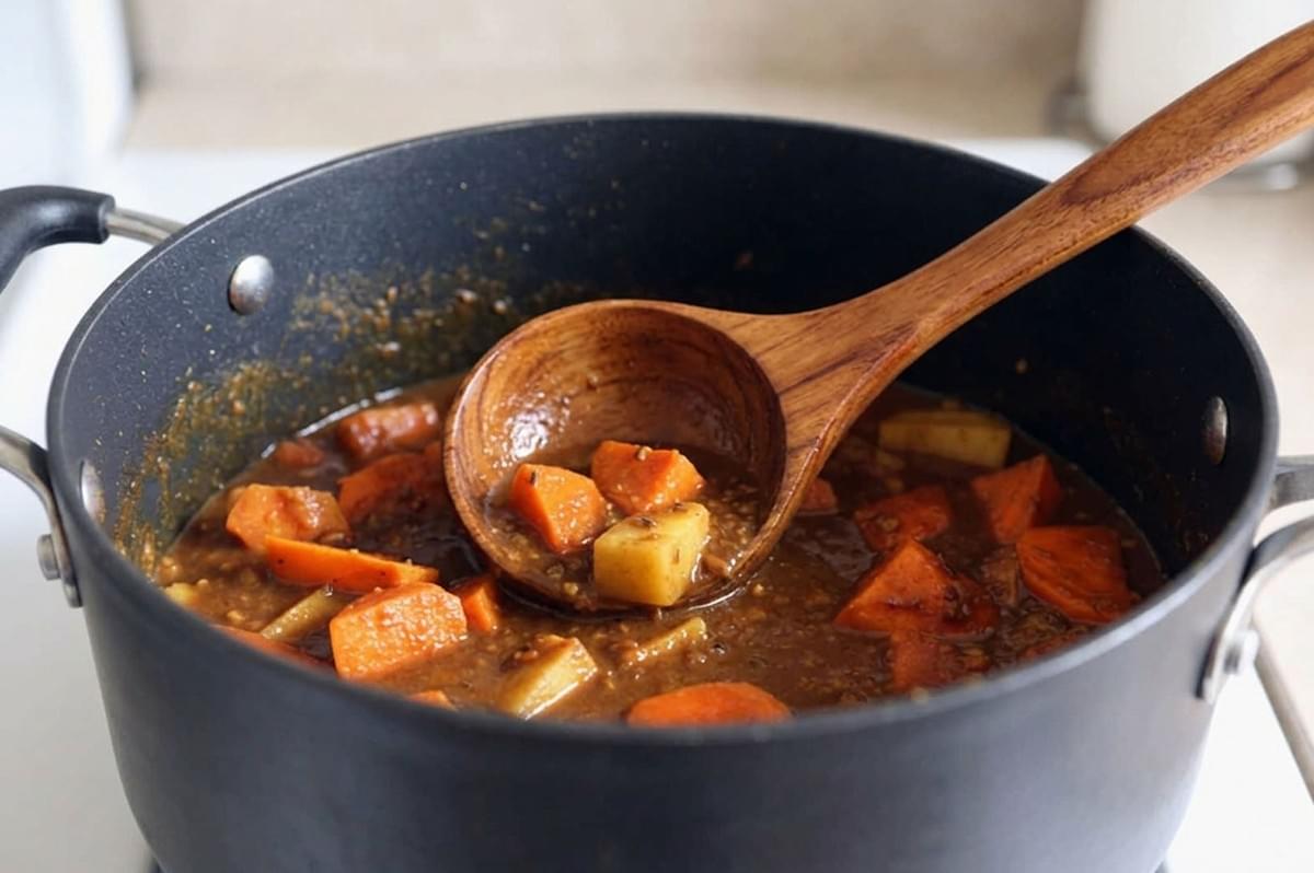 Wooden ladle scooping chunky Japanese curry with carrots and potatoes from a black pot Wooden ladle scooping chunky Japanese curry with carrots and potatoes from a black pot