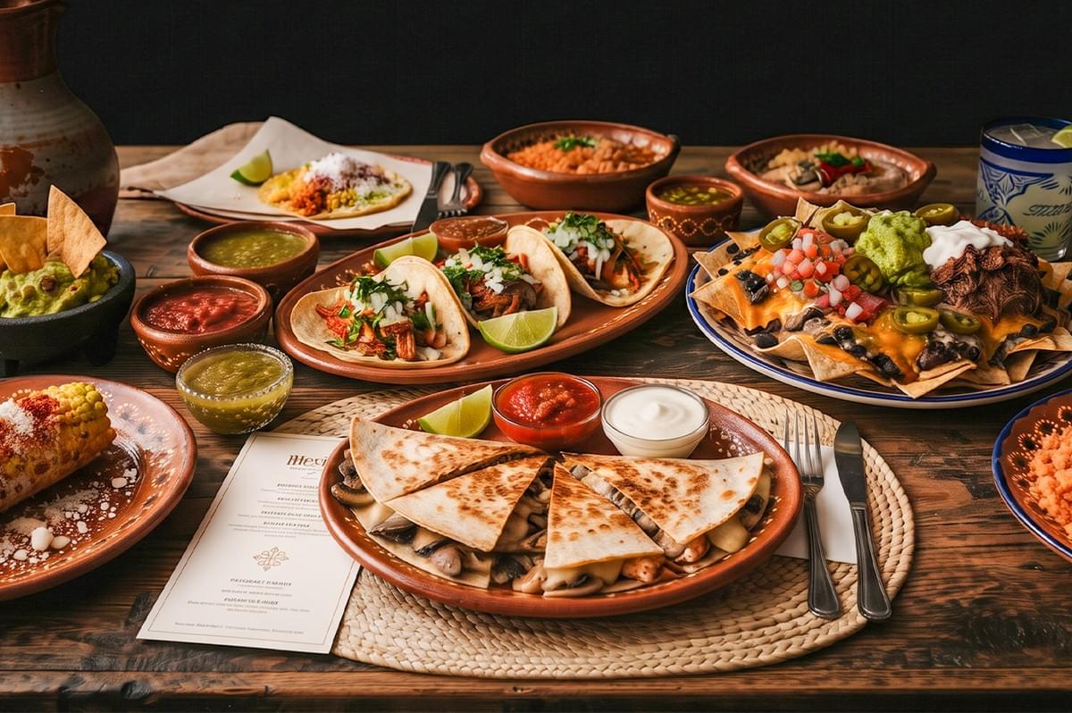 Authentic Mexican food feast on wooden table with tacos, nachos, and quesadillas. Authentic Mexican food feast on wooden table with tacos, nachos, and quesadillas.