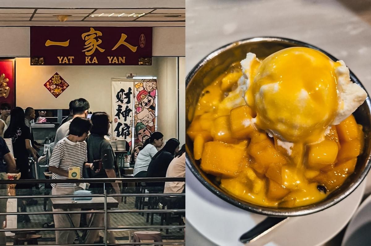 Left: Eye-level medium-wide shot of a busy dessert stall with a maroon sign reading ‘YAT KA YAN’ in bold lettering, showing a queue of customers and wall banners with illustrated characters; Right: Top-down close-up of a bowl of mango dessert topped with a scoop of melting ice cream, featuring glossy mango cubes and thick syrup in a dark bowl. Left: Eye-level medium-wide shot of a busy dessert stall with a maroon sign reading ‘YAT KA YAN’ in bold lettering, showing a queue of customers and wall banners with illustrated characters; Right: Top-down close-up of a bowl of mango dessert topped with a scoop of melting ice cream, featuring glossy mango cubes and thick syrup in a dark bowl.