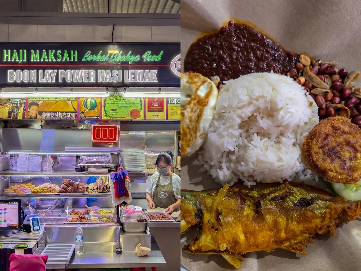 Boon Lay Power Nasi Lemak stall storefront and a plate of fried fish nasi lemak with sambal. Boon Lay Power Nasi Lemak stall storefront and a plate of fried fish nasi lemak with sambal.