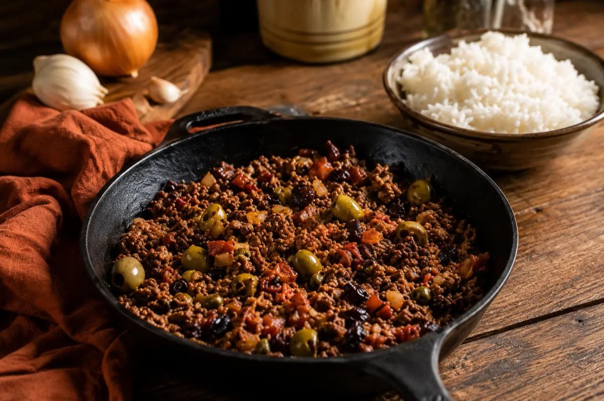A cast-iron skillet filled with simmering picadillo, olives, and raisins, sitting on a rustic wooden table next to a bowl of white rice. A cast-iron skillet filled with simmering picadillo, olives, and raisins, sitting on a rustic wooden table next to a bowl of white rice.
