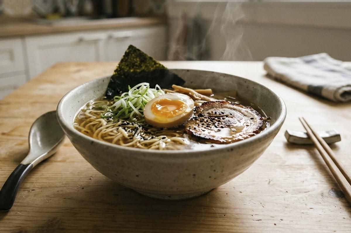 A wide-angle, eye-level shot of a complete bowl of ramen served in a rustic, textured grey ceramic bowl. The ramen is garnished with a sheet of nori, sliced scallions, bamboo shoots, half a soft-boiled egg, and a piece of torched chashu pork. The bowl sits on a light-colored wooden table next to a pair of wooden chopsticks on a ceramic rest and a traditional ramen spoon. The background shows a soft-focus, bright kitchen interior, creating a clean, documentary-style aesthetic. A wide-angle, eye-level shot of a complete bowl of ramen served in a rustic, textured grey ceramic bowl. The ramen is garnished with a sheet of nori, sliced scallions, bamboo shoots, half a soft-boiled egg, and a piece of torched chashu pork. The bowl sits on a light-colored wooden table next to a pair of wooden chopsticks on a ceramic rest and a traditional ramen spoon. The background shows a soft-focus, bright kitchen interior, creating a clean, documentary-style aesthetic.