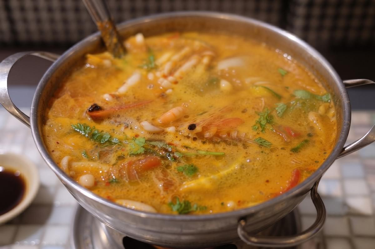 Authentic Tom Yum soup served in a hotpot at Central Thai restaurant in Changi Airport Terminal 3. Authentic Tom Yum soup served in a hotpot at Central Thai restaurant in Changi Airport Terminal 3.