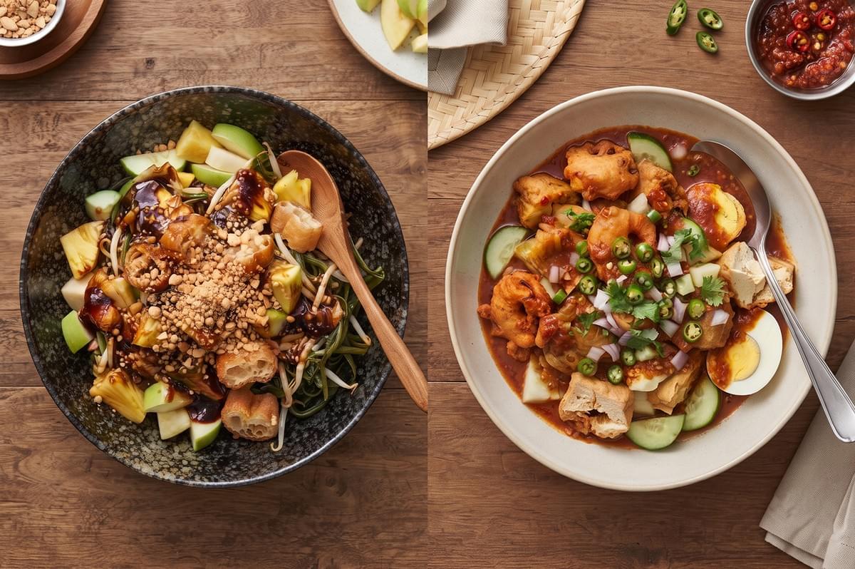 Two bowls of Asian dishes on a wooden table: fruit Rojak with peanuts on the left and spicy Indian Rojak with fritters and tofu on the right. Two bowls of Asian dishes on a wooden table: fruit Rojak with peanuts on the left and spicy Indian Rojak with fritters and tofu on the right.