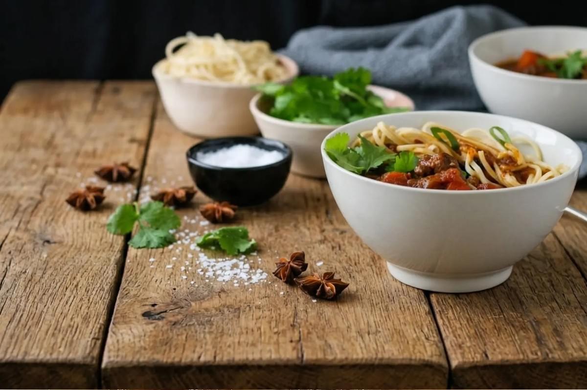 Bowl of spicy beef noodle soup on a wooden table surrounded by ingredients like salt, star anise, and fresh noodles Bowl of spicy beef noodle soup on a wooden table surrounded by ingredients like salt, star anise, and fresh noodles