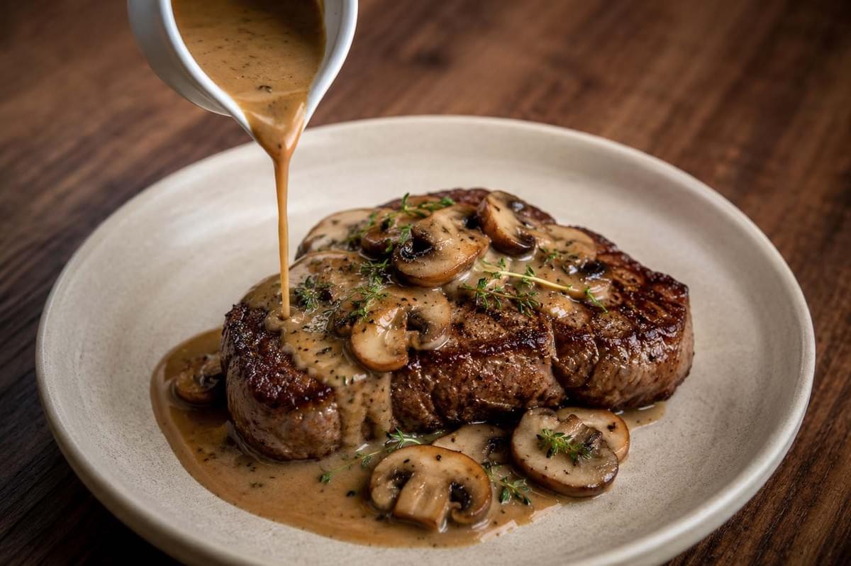 Creamy mushroom sauce being poured from a white pitcher over a seared steak on a beige plate Creamy mushroom sauce being poured from a white pitcher over a seared steak on a beige plate
