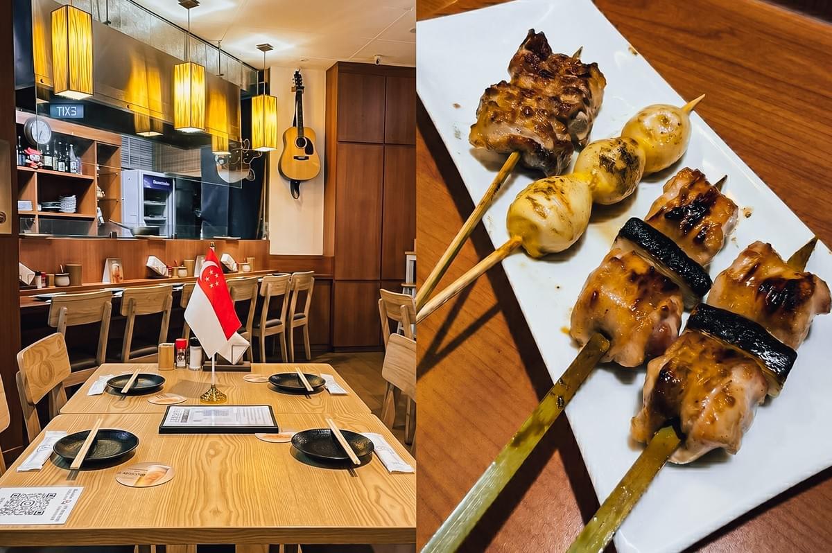 Left: Wide-angle, eye-level view of a warm-toned restaurant interior with wooden tables, cushioned chairs, hanging pendant lights, and a small counter with shelves and a guitar on the wall; Right: Close-up, three-quarter shot of grilled skewers and round skewered items with char marks on a white rectangular plate over a wooden table. Left: Wide-angle, eye-level view of a warm-toned restaurant interior with wooden tables, cushioned chairs, hanging pendant lights, and a small counter with shelves and a guitar on the wall; Right: Close-up, three-quarter shot of grilled skewers and round skewered items with char marks on a white rectangular plate over a wooden table.
