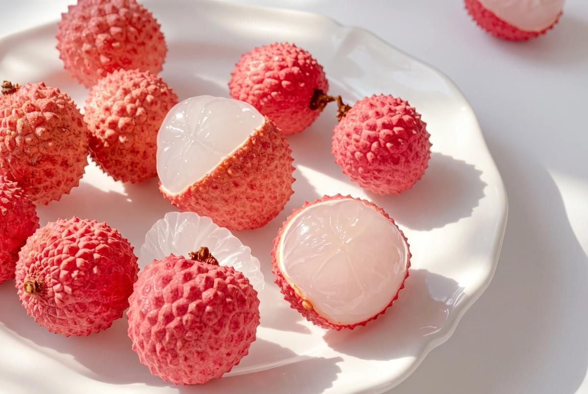 White plate with fresh red lychees, some peeled to reveal translucent white pulp. White plate with fresh red lychees, some peeled to reveal translucent white pulp.