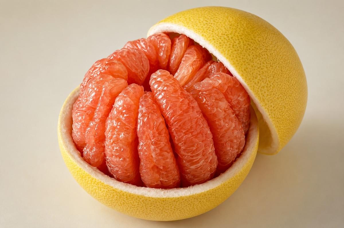 Peeled pink pomelo segments nestled inside its yellow rind. Peeled pink pomelo segments nestled inside its yellow rind.