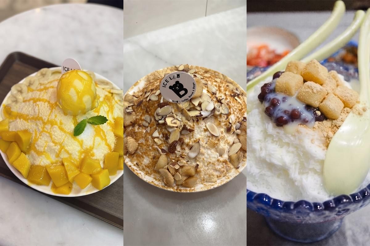 Three bowls of Korean bingsu shaved ice desserts at Ice Lab Bugis featuring mango, Injeolmi, and caramel almond flavors. Three bowls of Korean bingsu shaved ice desserts at Ice Lab Bugis featuring mango, Injeolmi, and caramel almond flavors.