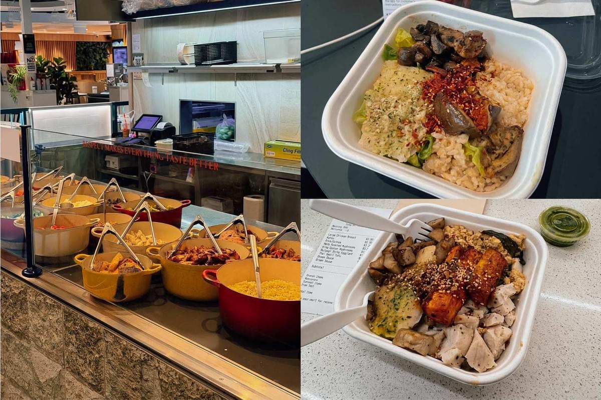 Three-part composite image showing a salad bar counter with warm ingredient pots and custom grain bowls packed with chicken, mushrooms, and vegetables. Three-part composite image showing a salad bar counter with warm ingredient pots and custom grain bowls packed with chicken, mushrooms, and vegetables.