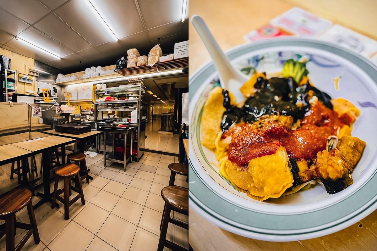 Left: Wide-angle, eye-level view of a compact eatery interior with tiled flooring, wooden stools, narrow tables, metal shelves, and an open kitchen under bright fluorescent lighting; Right: Close-up, slightly top-down shot of a noodle bowl with yellow noodles, leafy greens, braised toppings, and sauce in a white bowl with a ceramic spoon on a wooden table. Left: Wide-angle, eye-level view of a compact eatery interior with tiled flooring, wooden stools, narrow tables, metal shelves, and an open kitchen under bright fluorescent lighting; Right: Close-up, slightly top-down shot of a noodle bowl with yellow noodles, leafy greens, braised toppings, and sauce in a white bowl with a ceramic spoon on a wooden table.