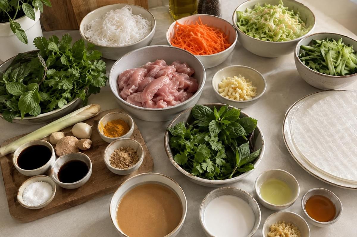An overhead ingredient prep spread on a light stone countertop features bowls of sliced raw pork strips, cooked rice noodles, shredded carrots, shredded cabbage, sliced cucumbers, fresh herbs, and rice paper sheets. Small condiment dishes containing soy sauce, ground spices, garlic, liquid seasoning, and satay sauce surround the fresh ingredients. An overhead ingredient prep spread on a light stone countertop features bowls of sliced raw pork strips, cooked rice noodles, shredded carrots, shredded cabbage, sliced cucumbers, fresh herbs, and rice paper sheets. Small condiment dishes containing soy sauce, ground spices, garlic, liquid seasoning, and satay sauce surround the fresh ingredients.