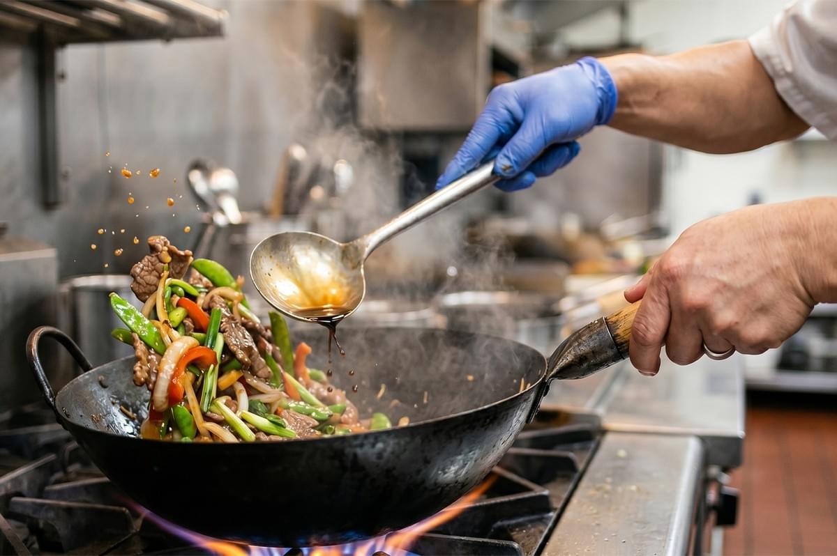 A chef wearing blue gloves stir-frying beef and vegetables in a flaming wok in a commercial kitchen. A chef wearing blue gloves stir-frying beef and vegetables in a flaming wok in a commercial kitchen.
