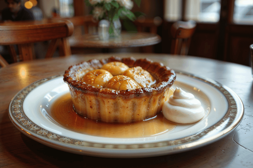 An individual-sized Tarte Tatin with deeply caramelized apple halves, served with a dollop of whipped cream on a decorative white plate in a cafe setting. An individual-sized Tarte Tatin with deeply caramelized apple halves, served with a dollop of whipped cream on a decorative white plate in a cafe setting.