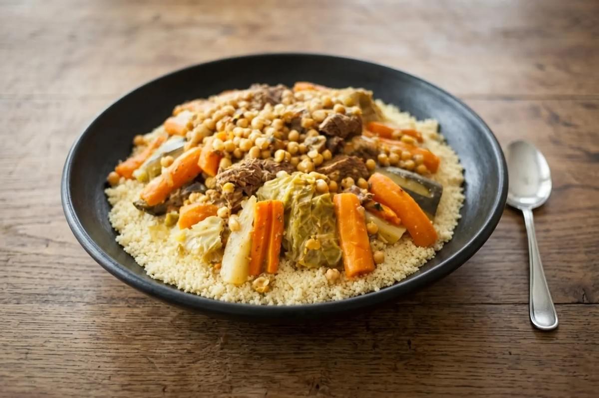 Traditional Algerian couscous served in black bowl with seven vegetables, chickpeas, and meat Traditional Algerian couscous served in black bowl with seven vegetables, chickpeas, and meat