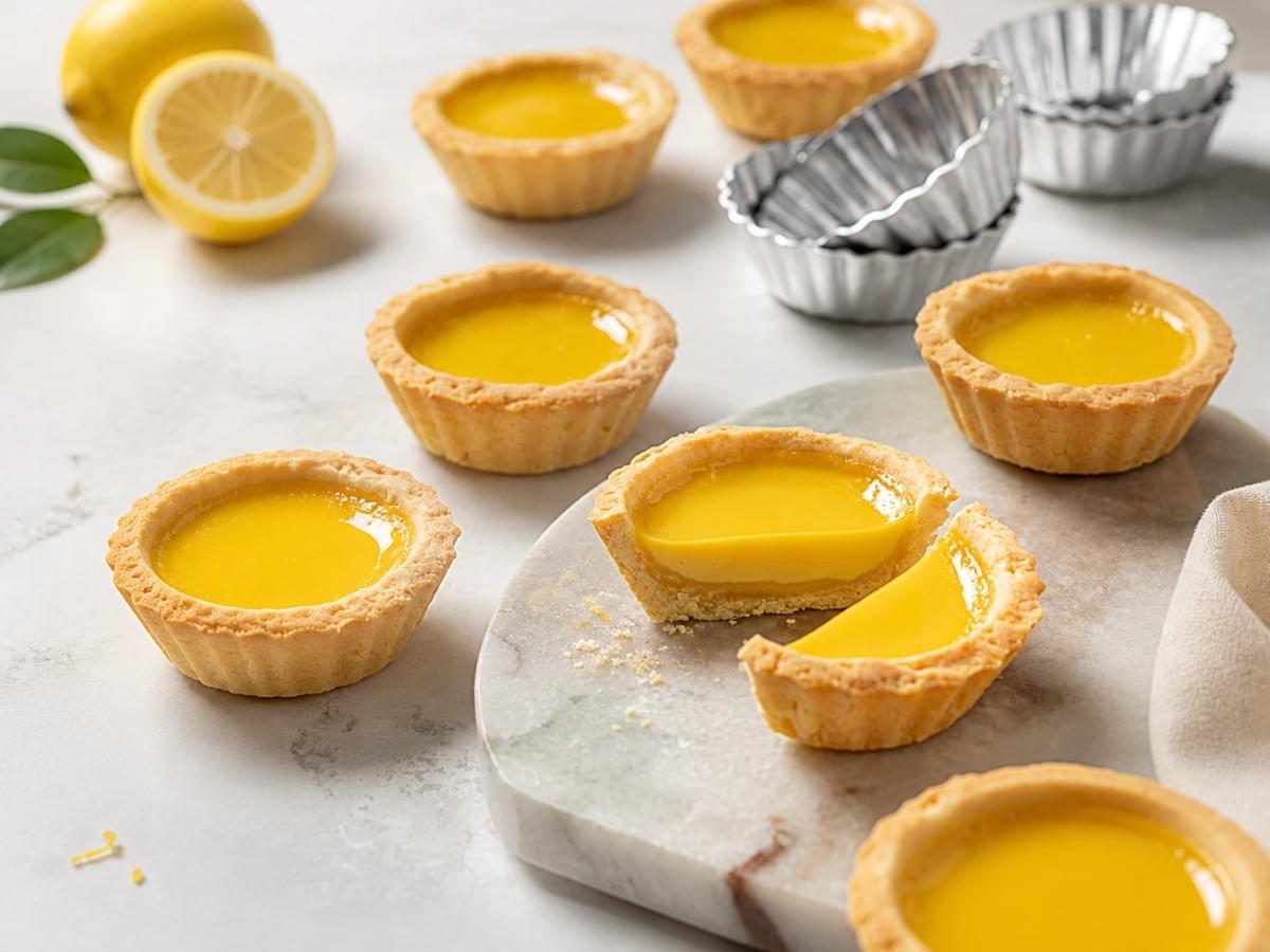 Freshly baked lemon curd tarts on a marble surface with lemons and tart molds nearby. Freshly baked lemon curd tarts on a marble surface with lemons and tart molds nearby.