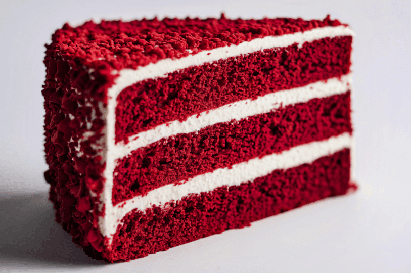 A slice of three-layer red velvet cake against a white background, showcasing the sharp contrast between the deep red, velvety cake layers and the perfectly smooth white frosting. A slice of three-layer red velvet cake against a white background, showcasing the sharp contrast between the deep red, velvety cake layers and the perfectly smooth white frosting.
