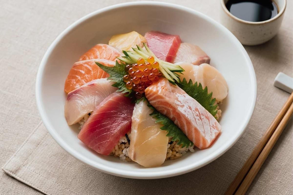 A traditional chirashi bowl filled with neatly arranged thick cuts of fresh raw fish—including salmon, tuna, hamachi, and scallops—over a bed of rice, topped with a shiso leaf, cucumber slices, and bright orange ikura pearls, set on a beige linen placemat next to wooden chopsticks and a small dish of soy sauce. A traditional chirashi bowl filled with neatly arranged thick cuts of fresh raw fish—including salmon, tuna, hamachi, and scallops—over a bed of rice, topped with a shiso leaf, cucumber slices, and bright orange ikura pearls, set on a beige linen placemat next to wooden chopsticks and a small dish of soy sauce.