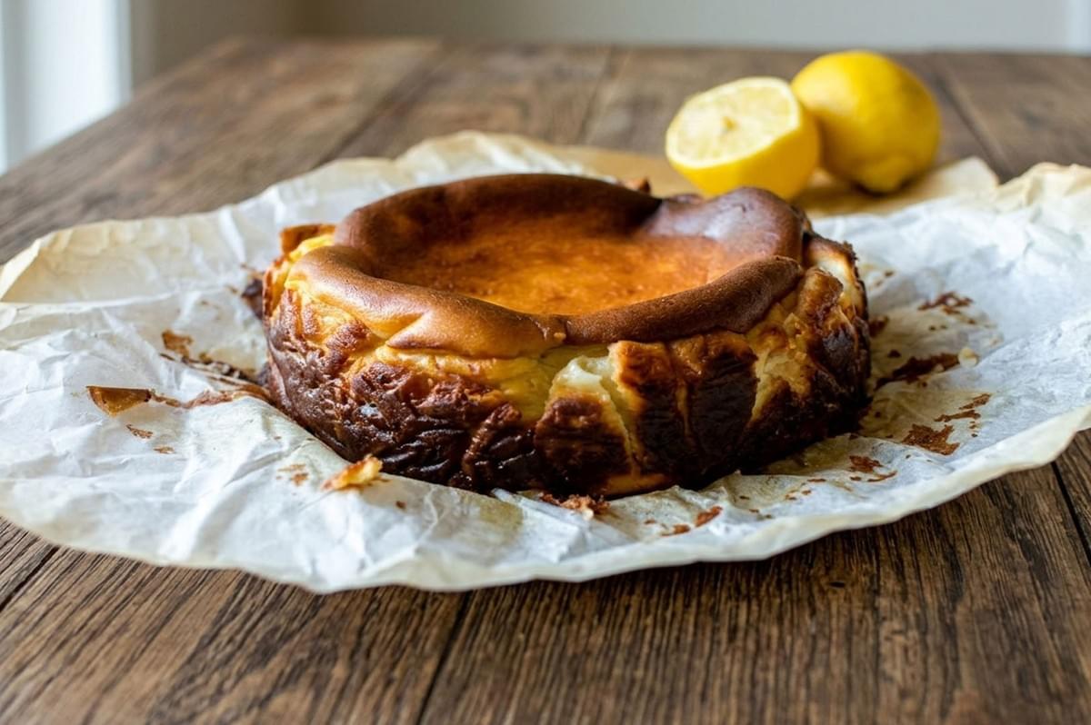 Whole rustic Basque cheesecake resting on parchment paper with fresh lemons on wooden table Whole rustic Basque cheesecake resting on parchment paper with fresh lemons on wooden table