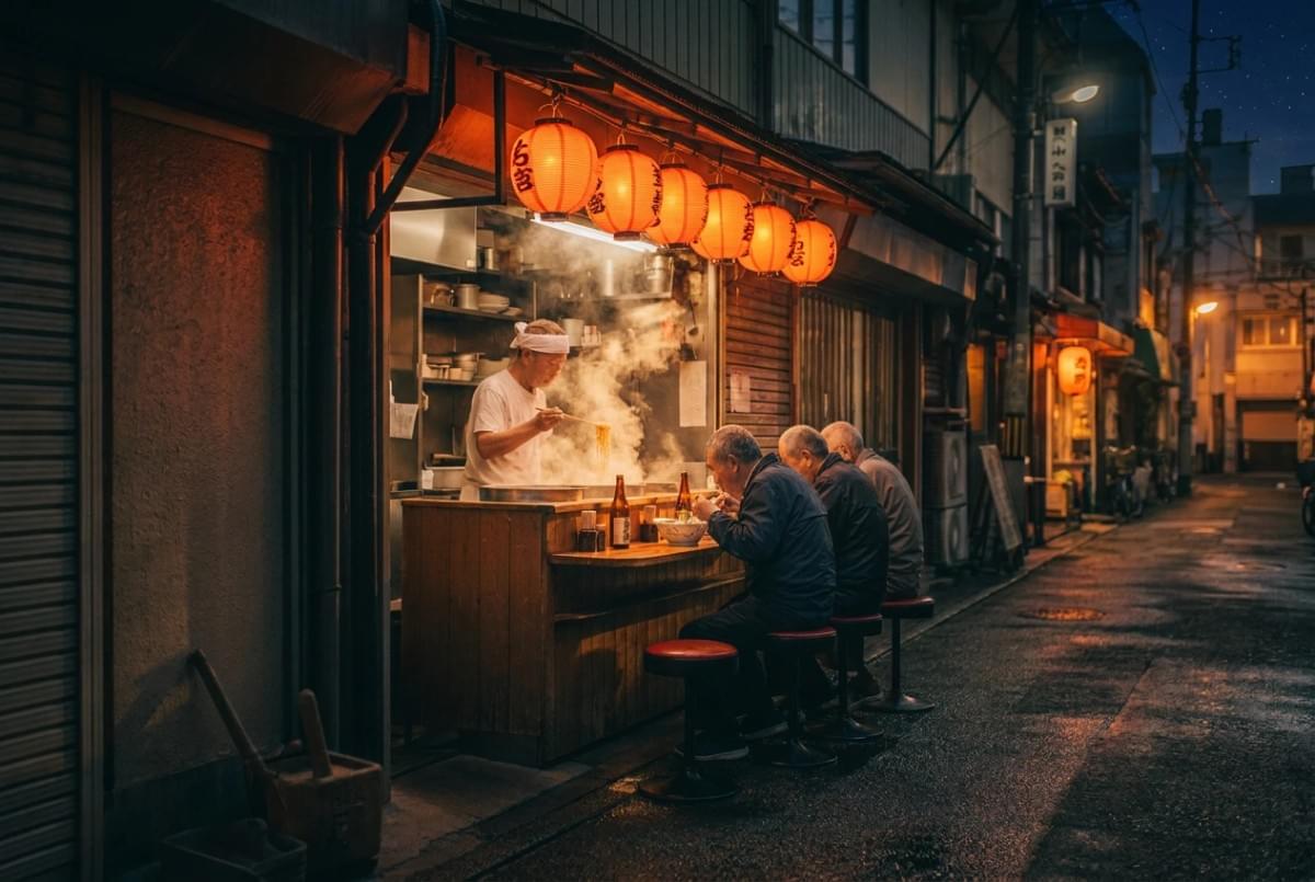 Customers seated at a outdoor wooden food counter eating noodles prepared by a chef under red lanterns. Customers seated at a outdoor wooden food counter eating noodles prepared by a chef under red lanterns.
