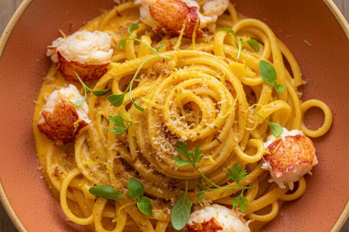 Top-down view of fresh ingredients for lobster pasta including whole raw lobsters, saffron-infused broth, dry tagliatelle, lemon zest, and chopped herbs. Top-down view of fresh ingredients for lobster pasta including whole raw lobsters, saffron-infused broth, dry tagliatelle, lemon zest, and chopped herbs.