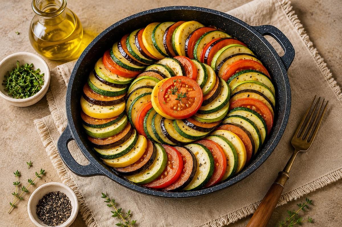 Sliced zucchini, yellow squash, eggplant, and tomatoes arranged in a colorful spiral ratatouille inside a black baking pan. Sliced zucchini, yellow squash, eggplant, and tomatoes arranged in a colorful spiral ratatouille inside a black baking pan.