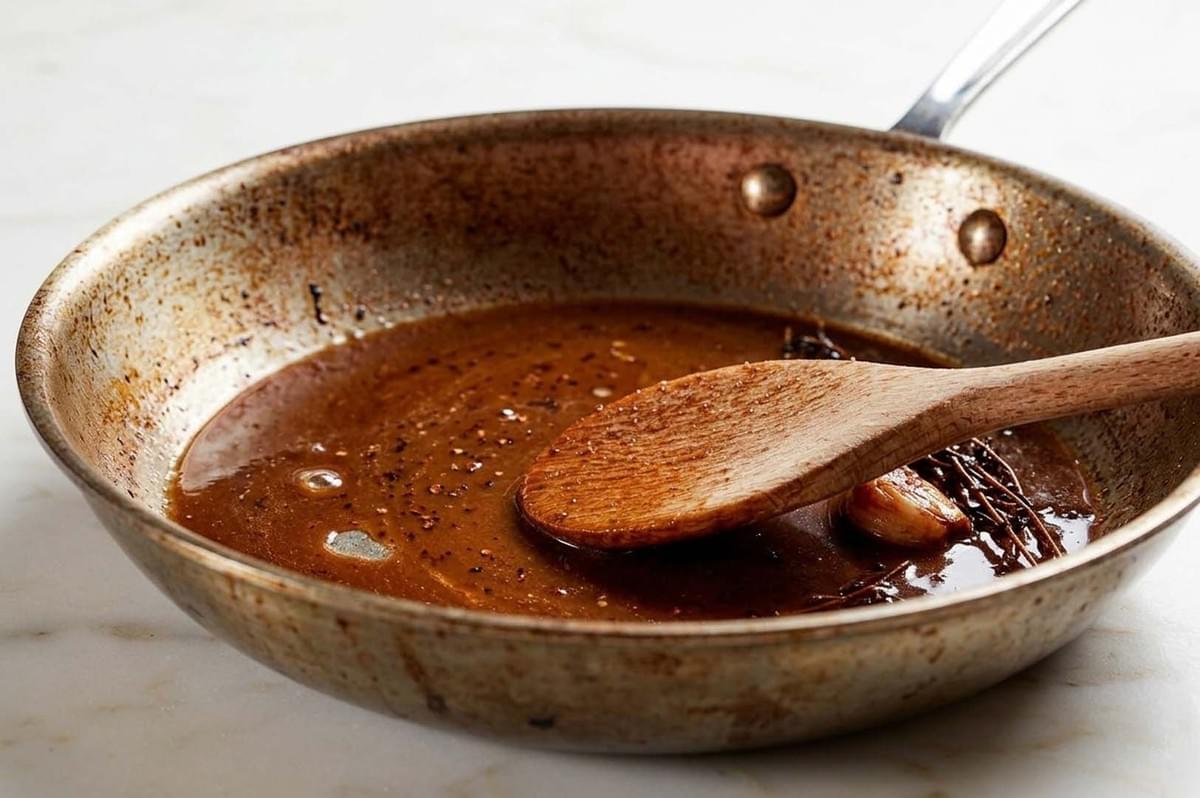 Brown pan sauce with herbs and garlic being stirred with a wooden spoon in a used skillet Brown pan sauce with herbs and garlic being stirred with a wooden spoon in a used skillet