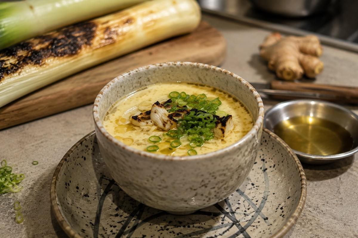 A medium close-up shot focuses on the finished chawanmushi in a speckled, rustic ceramic vessel, set against a warm-toned kitchen background. The delicate custard is garnished with charred, dark-edged leek bites, fresh scallion rings, and a glossy drizzle of infused oil, with a small metal dish of ginger oil and fresh ginger root nearby. In the soft-focus background rests a wooden cutting board holding whole and heavily charred leek stalks next to a chef's knife. A medium close-up shot focuses on the finished chawanmushi in a speckled, rustic ceramic vessel, set against a warm-toned kitchen background. The delicate custard is garnished with charred, dark-edged leek bites, fresh scallion rings, and a glossy drizzle of infused oil, with a small metal dish of ginger oil and fresh ginger root nearby. In the soft-focus background rests a wooden cutting board holding whole and heavily charred leek stalks next to a chef's knife.