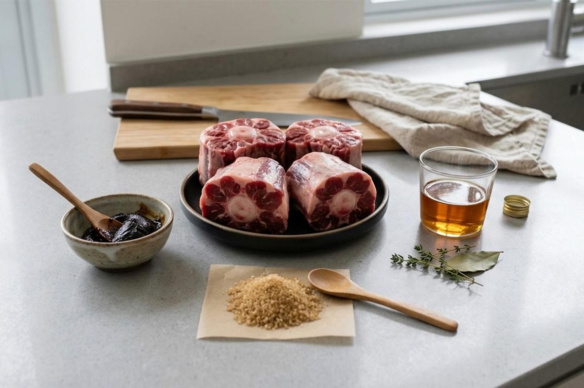 A clean, editorial flat-lay of ingredients arranged on a grey stone countertop. Four large, raw oxtail segments are stacked on a dark plate. Surrounding them are a small ceramic bowl of dark miso paste with a wooden spoon, a pile of brown sugar on parchment paper, a small glass of amber liquid, and fresh sprigs of thyme with a bay leaf. A chef's knife and a folded linen cloth rest on a wooden board in the background, creating a professional yet approachable kitchen atmosphere. A clean, editorial flat-lay of ingredients arranged on a grey stone countertop. Four large, raw oxtail segments are stacked on a dark plate. Surrounding them are a small ceramic bowl of dark miso paste with a wooden spoon, a pile of brown sugar on parchment paper, a small glass of amber liquid, and fresh sprigs of thyme with a bay leaf. A chef's knife and a folded linen cloth rest on a wooden board in the background, creating a professional yet approachable kitchen atmosphere.