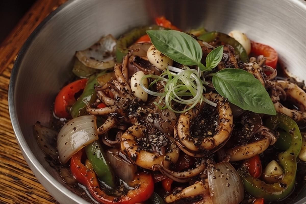 Black pepper sotong stir-fried with bell peppers, onions, and garlic in a metal bowl. Black pepper sotong stir-fried with bell peppers, onions, and garlic in a metal bowl.