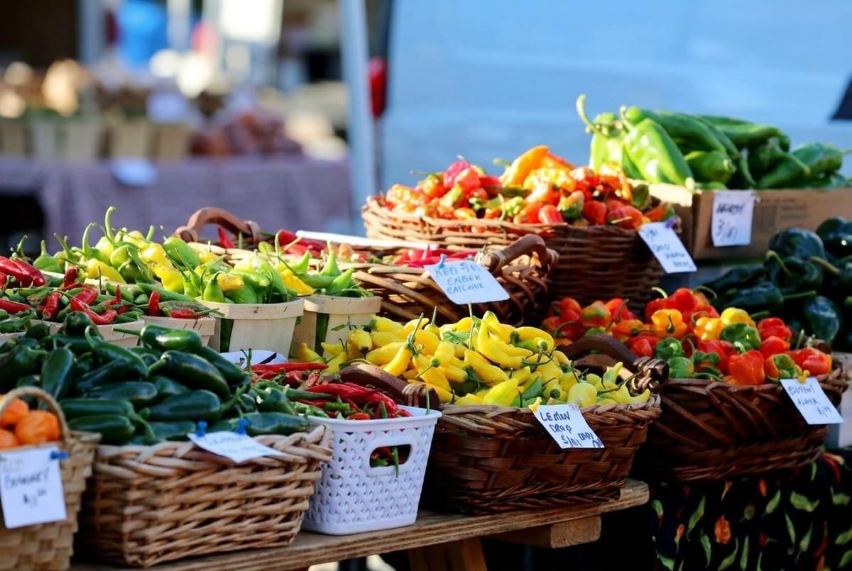 Baskets of colorful fresh chili peppers displayed at an outdoor market stall. Baskets of colorful fresh chili peppers displayed at an outdoor market stall.