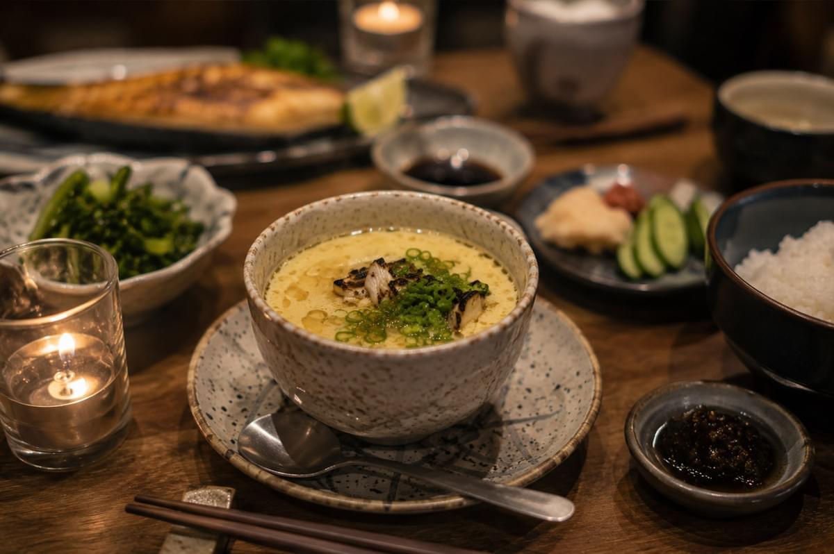 A warm, atmospheric dining shot features the cup of chawanmushi positioned prominently in the foreground on a wooden table lit softly by small tea-light candles. Surrounding the dish is a full Japanese-style meal spread, including a bowl of white rice, side dishes of leafy green vegetables, sliced cucumbers with pickled condiments, a small dish of sauce, and a plate of grilled fish in the background. A metal spoon rests on the saucer beside chopsticks, casting a cozy and inviting restaurant ambience. A warm, atmospheric dining shot features the cup of chawanmushi positioned prominently in the foreground on a wooden table lit softly by small tea-light candles. Surrounding the dish is a full Japanese-style meal spread, including a bowl of white rice, side dishes of leafy green vegetables, sliced cucumbers with pickled condiments, a small dish of sauce, and a plate of grilled fish in the background. A metal spoon rests on the saucer beside chopsticks, casting a cozy and inviting restaurant ambience.