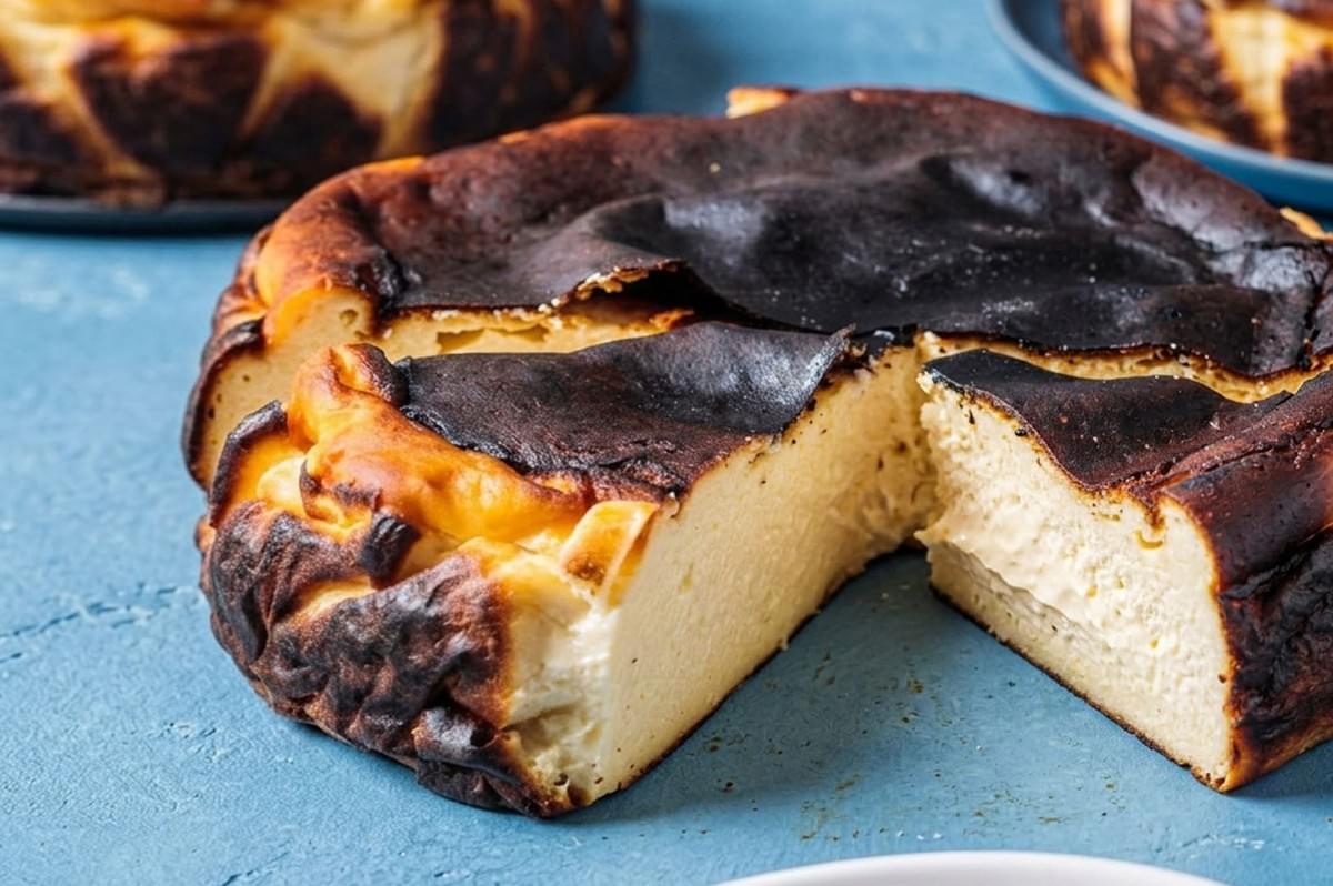 A whole Basque burnt cheesecake with a deeply caramelized, dark top crust and creamy center A whole Basque burnt cheesecake with a deeply caramelized, dark top crust and creamy center