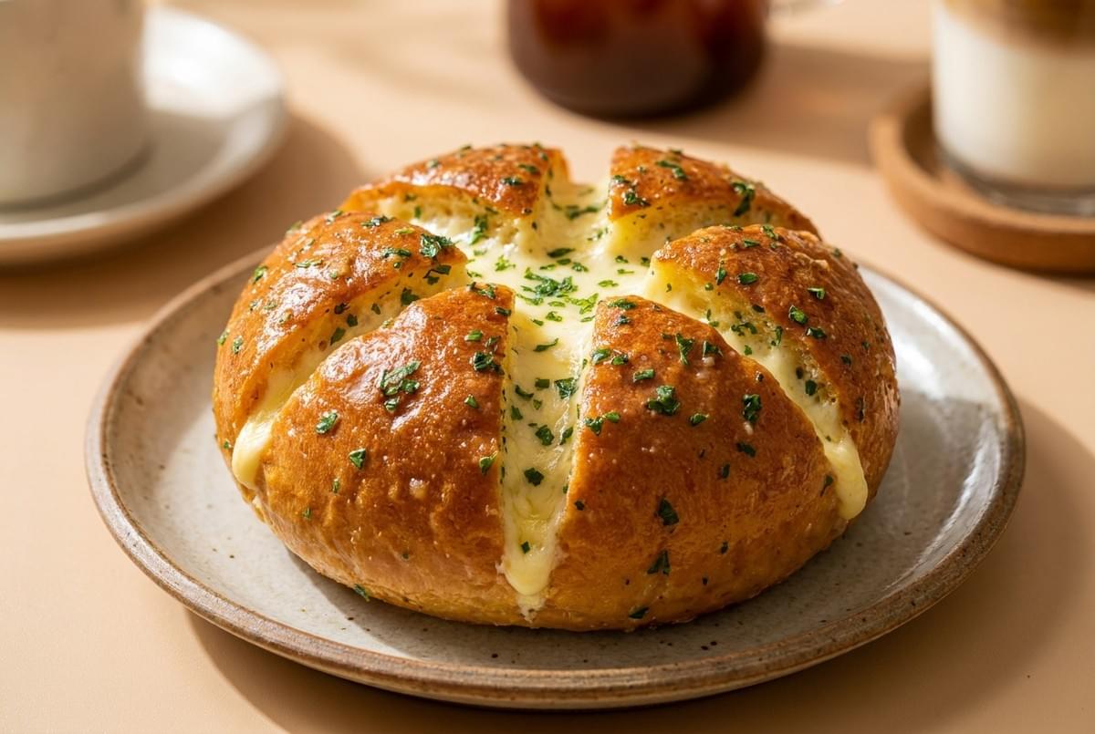 Close-up of a Korean cream cheese garlic bread bun oozing with warm cream cheese. Close-up of a Korean cream cheese garlic bread bun oozing with warm cream cheese.