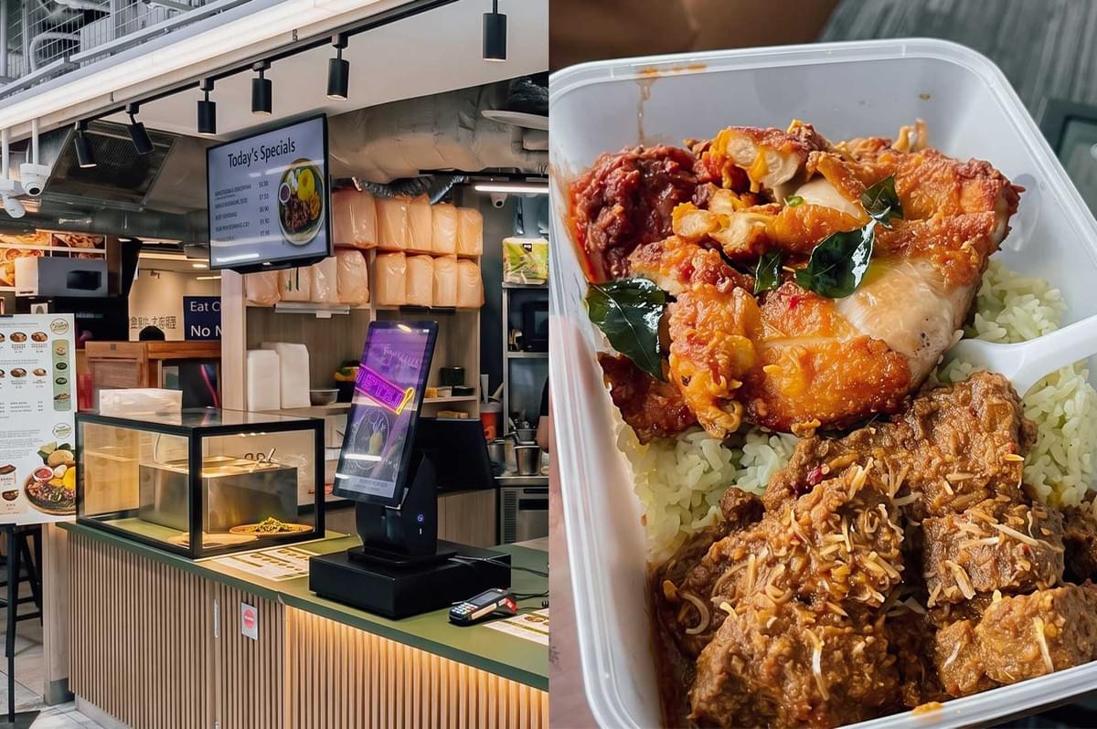 Left image alt text: A modern takeaway food stall with a clean, minimalist counter featuring a digital self-order kiosk, a display case, and a menu board showing today's specials. The open kitchen and food preparation area are visible behind the counter under industrial-style lighting. Right image alt text: A takeaway meal in a plastic container with steamed rice, crispy fried chicken coated in a savory sauce and topped with curry leaves, and braised beef garnished with crispy fried garlic. A white plastic spoon rests beside the rice. Left image alt text: A modern takeaway food stall with a clean, minimalist counter featuring a digital self-order kiosk, a display case, and a menu board showing today's specials. The open kitchen and food preparation area are visible behind the counter under industrial-style lighting. Right image alt text: A takeaway meal in a plastic container with steamed rice, crispy fried chicken coated in a savory sauce and topped with curry leaves, and braised beef garnished with crispy fried garlic. A white plastic spoon rests beside the rice.