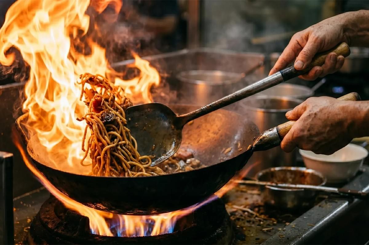 Chef stir-frying noodles in a flaming hot wok demonstrating wok hei technique in a commercial kitchen. Chef stir-frying noodles in a flaming hot wok demonstrating wok hei technique in a commercial kitchen.