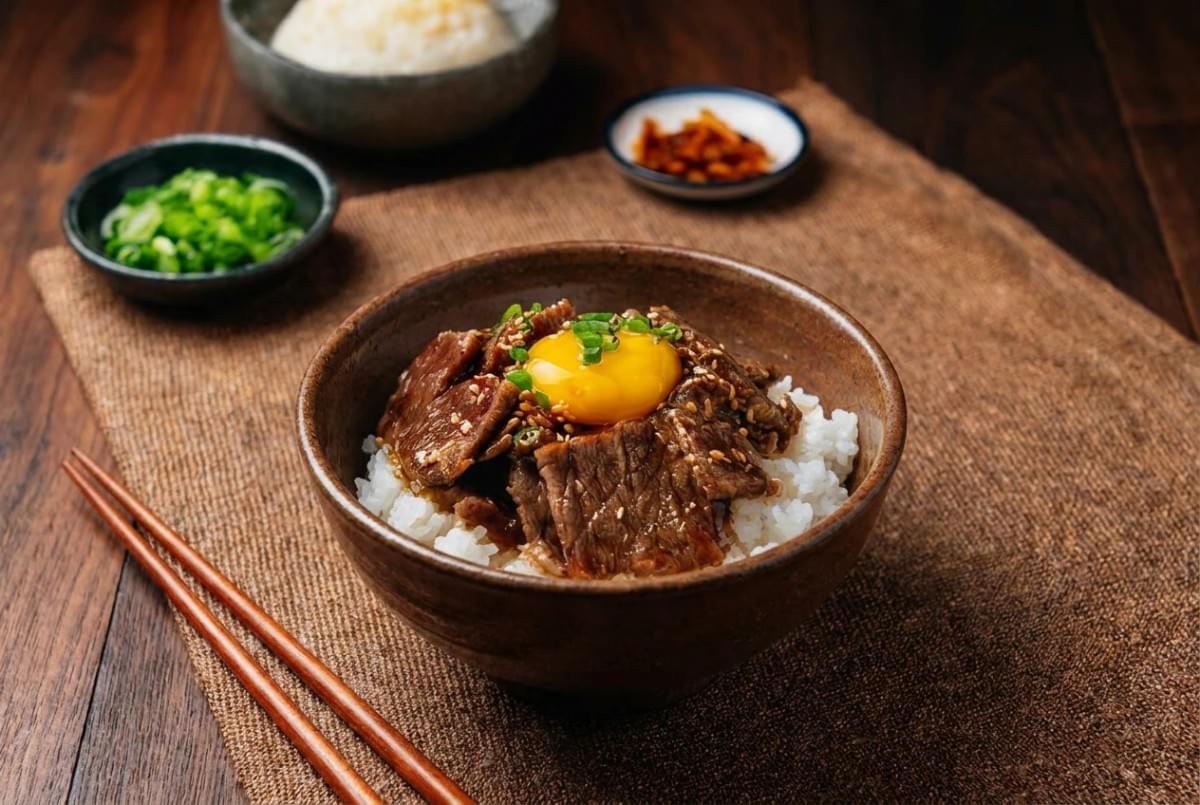Beef rice bowl topped with an egg yolk and green onions in a blue-striped ceramic bowl. Beef rice bowl topped with an egg yolk and green onions in a blue-striped ceramic bowl.