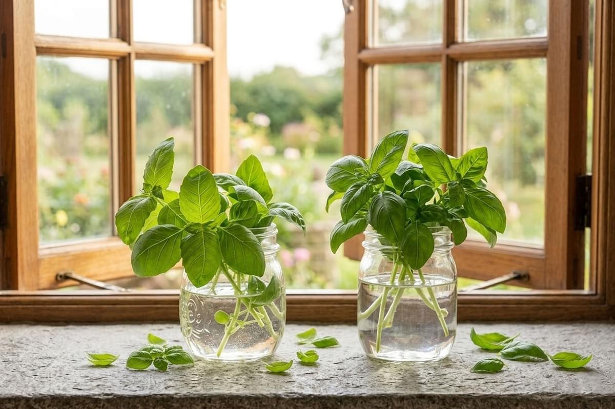 Two glass jars with fresh basil stems in water on windowsill with garden view through open window Two glass jars with fresh basil stems in water on windowsill with garden view through open window