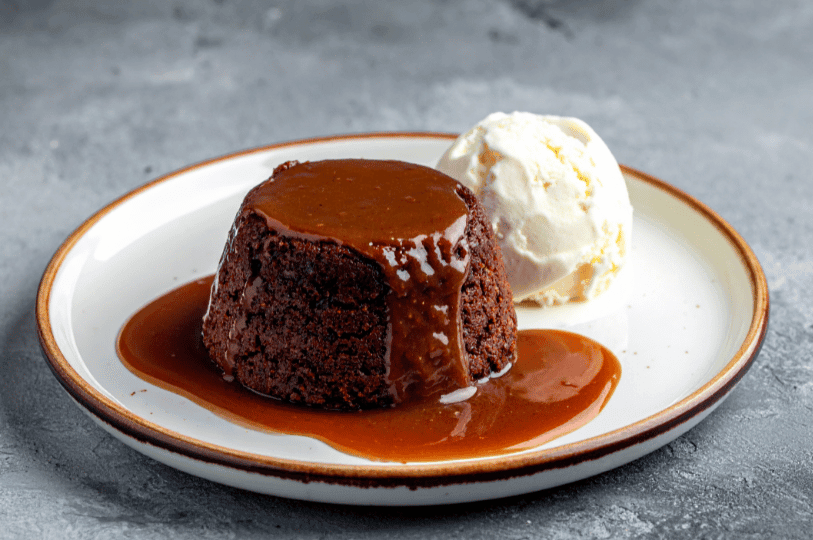 A classic round, individual-sized sticky toffee pudding sitting in a pool of rich toffee sauce, served alongside a scoop of vanilla ice cream. A classic round, individual-sized sticky toffee pudding sitting in a pool of rich toffee sauce, served alongside a scoop of vanilla ice cream.