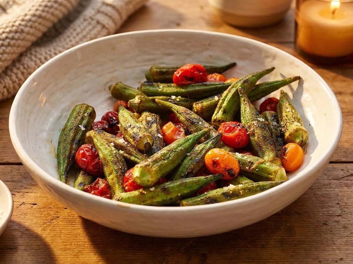 A side view of char-grilled whole green okra pods and blistered cherry tomatoes tossed together in a large cream-colored ceramic bowl, resting on a wooden tabletop next to a warm candle. A side view of char-grilled whole green okra pods and blistered cherry tomatoes tossed together in a large cream-colored ceramic bowl, resting on a wooden tabletop next to a warm candle.