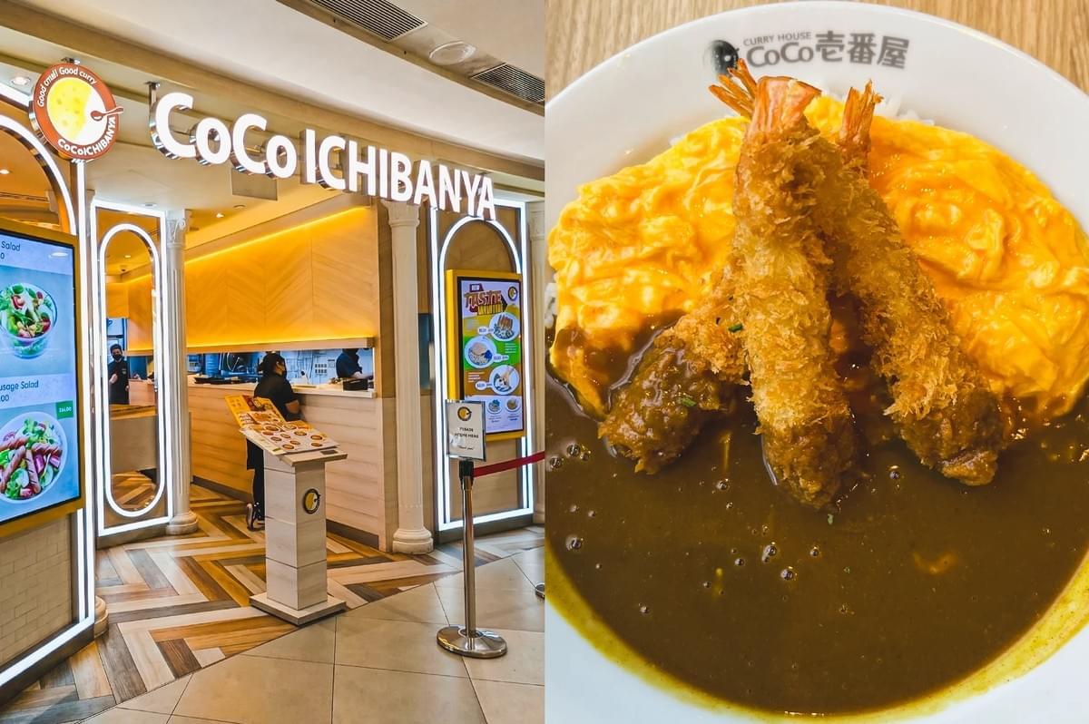 Left: An eye-level, wide-angle shot of the CoCo ICHIBANYA restaurant storefront, showcasing bright white signage, warm internal yellow lighting, light wooden patterned walls, a herringbone-patterned tiled floor, and digital menu boards flanking the open entranceway. Right: A top-down, close-up culinary shot of a white plate containing Japanese curry, featuring three crispy, golden-brown deep-fried tempura prawns resting over a fluffy yellow omelet and thick, dark brown curry sauce. Left: An eye-level, wide-angle shot of the CoCo ICHIBANYA restaurant storefront, showcasing bright white signage, warm internal yellow lighting, light wooden patterned walls, a herringbone-patterned tiled floor, and digital menu boards flanking the open entranceway. Right: A top-down, close-up culinary shot of a white plate containing Japanese curry, featuring three crispy, golden-brown deep-fried tempura prawns resting over a fluffy yellow omelet and thick, dark brown curry sauce.