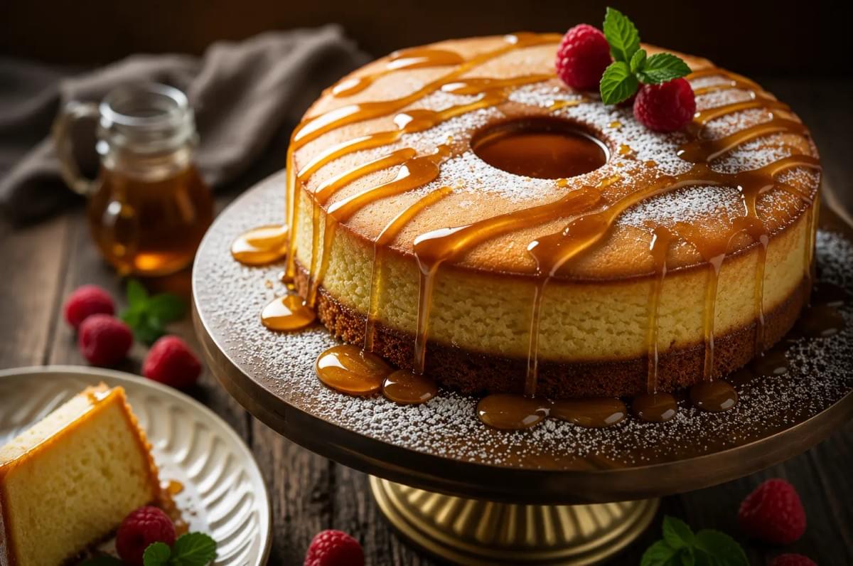 Round ring cake dusted with powdered sugar, drizzled with caramel, and garnished with fresh raspberries. Round ring cake dusted with powdered sugar, drizzled with caramel, and garnished with fresh raspberries.