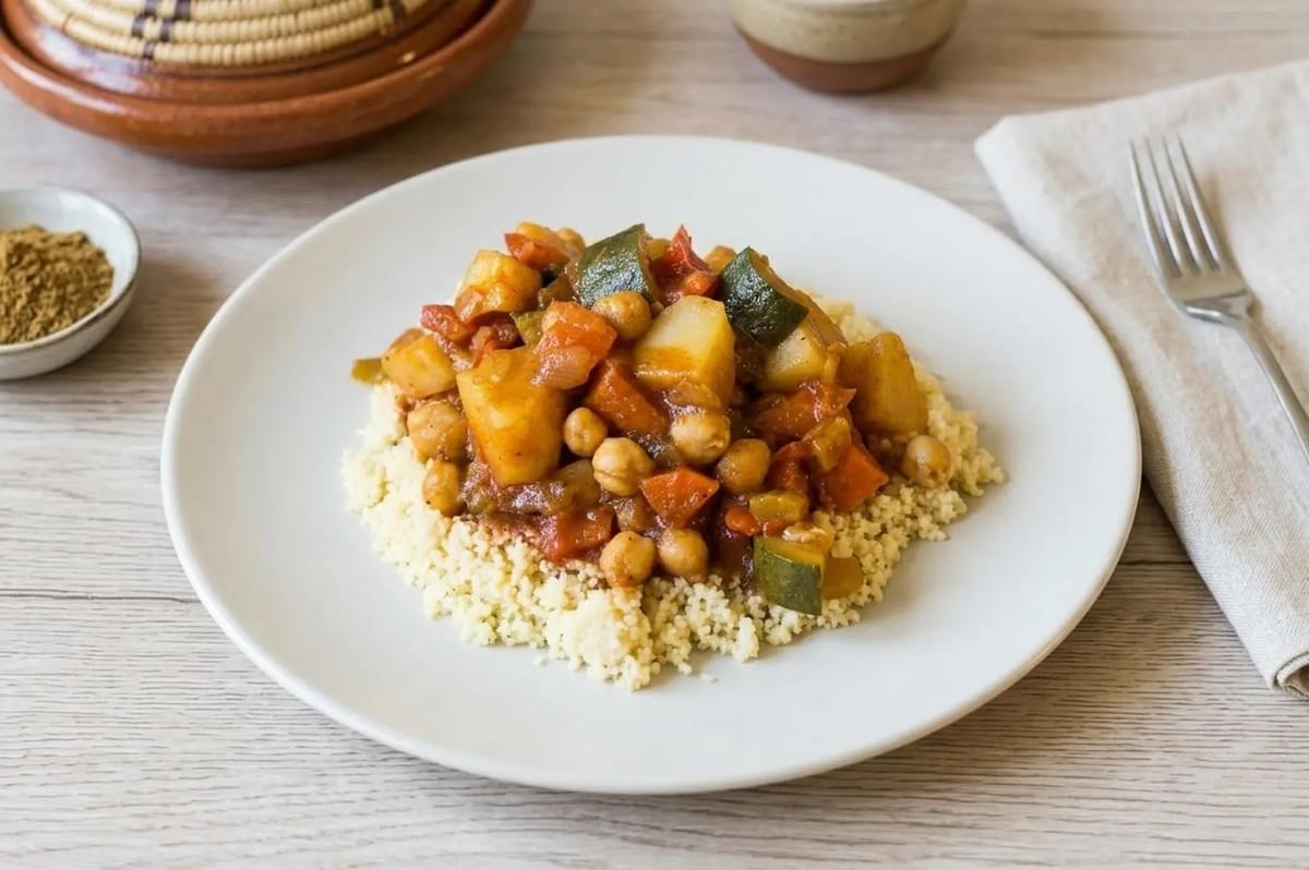 Couscous plate topped with chickpea and vegetable stew featuring zucchini, potatoes, and carrots Couscous plate topped with chickpea and vegetable stew featuring zucchini, potatoes, and carrots