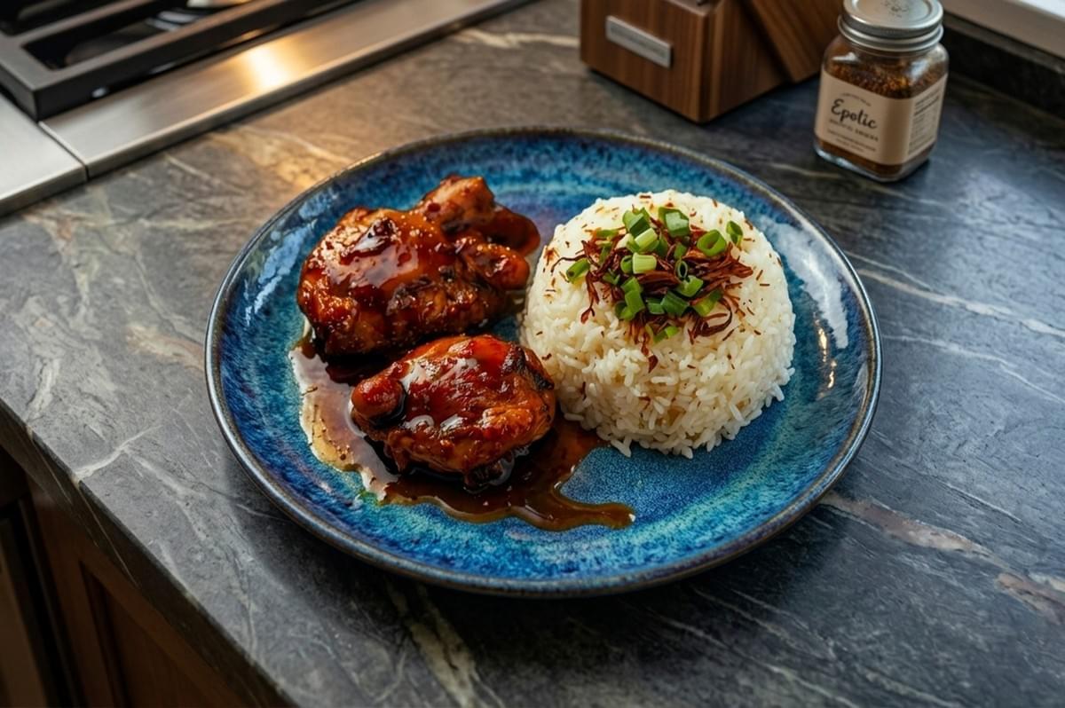 A high-angle, close-up shot presents a rustic blue ceramic plate of glazed chicken and white rice resting on a dark, veined marble countertop. Two pieces of chicken thigh, coated in a thick, glossy mahogany sauce, sit to the left, pooling slightly on the plate. Beside them is a neatly mounded scoop of fluffy white rice topped with crispy fried shallots and a garnish of freshly chopped green onions. A high-angle, close-up shot presents a rustic blue ceramic plate of glazed chicken and white rice resting on a dark, veined marble countertop. Two pieces of chicken thigh, coated in a thick, glossy mahogany sauce, sit to the left, pooling slightly on the plate. Beside them is a neatly mounded scoop of fluffy white rice topped with crispy fried shallots and a garnish of freshly chopped green onions.